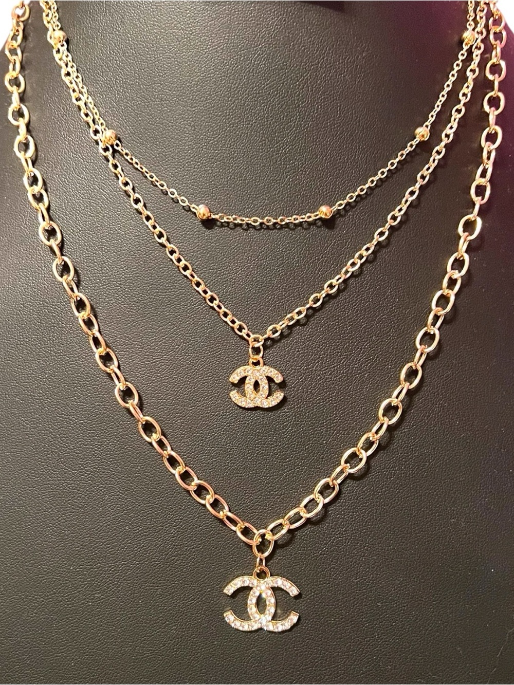 Designer Inspired Gold Tone Layered Crystal Logo Pendant Necklace